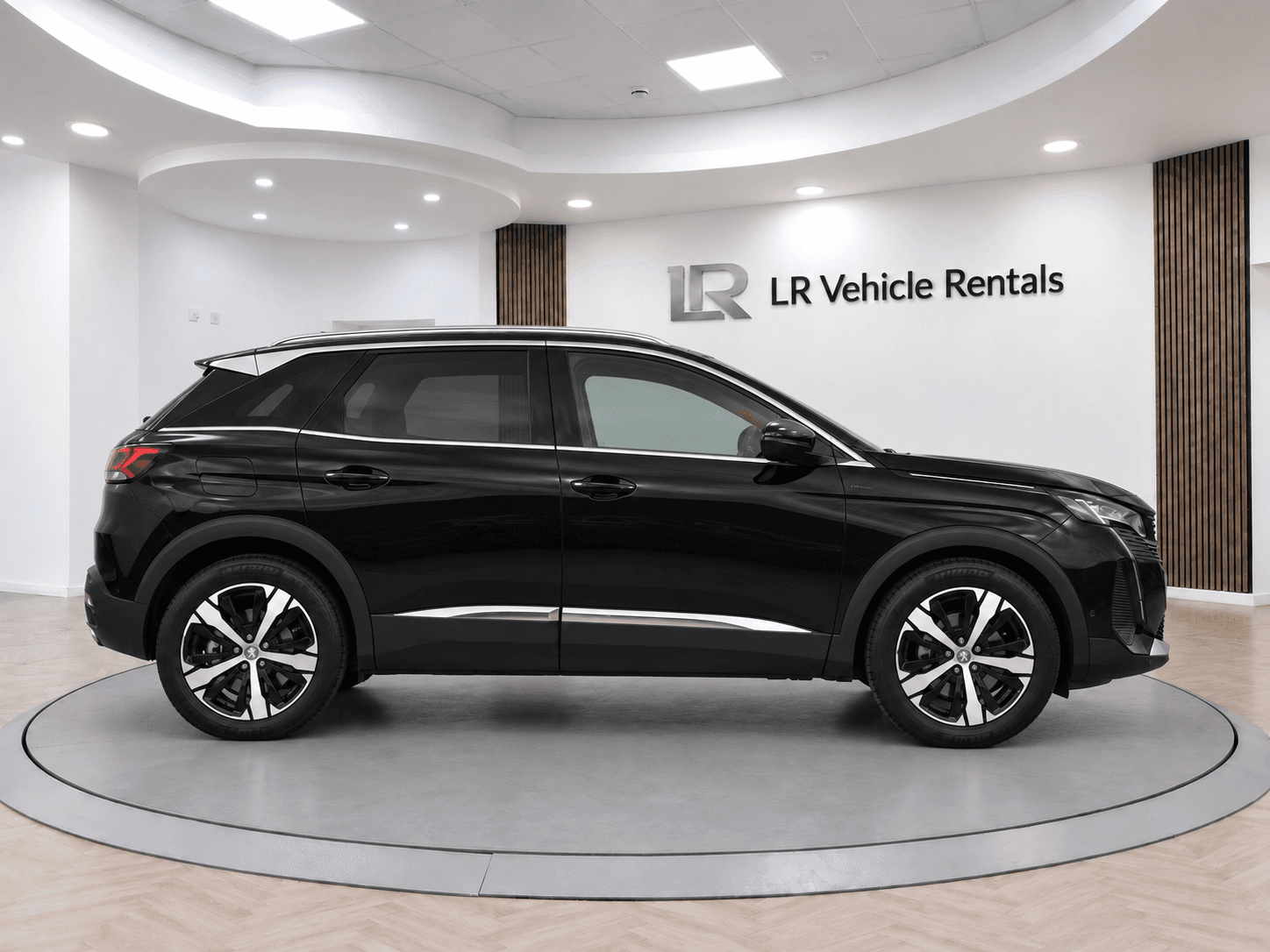 Black Peugeot 3008 Allure Premium+ shown side-on in the LR Vehicle Rentals studio