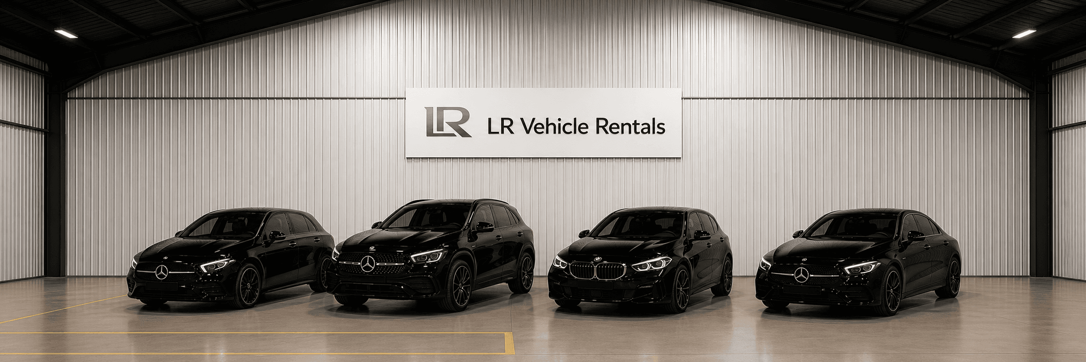 Four black premium cars lined up inside the LR Vehicle Rentals unit, beneath the company sign